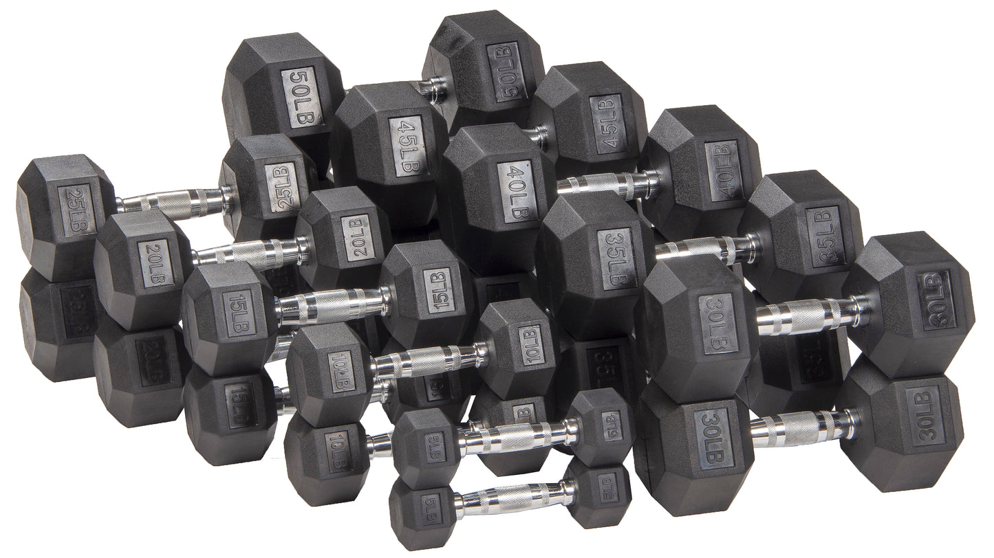 Rubber Encased Hex Dumbbell, 50Lbs, Single